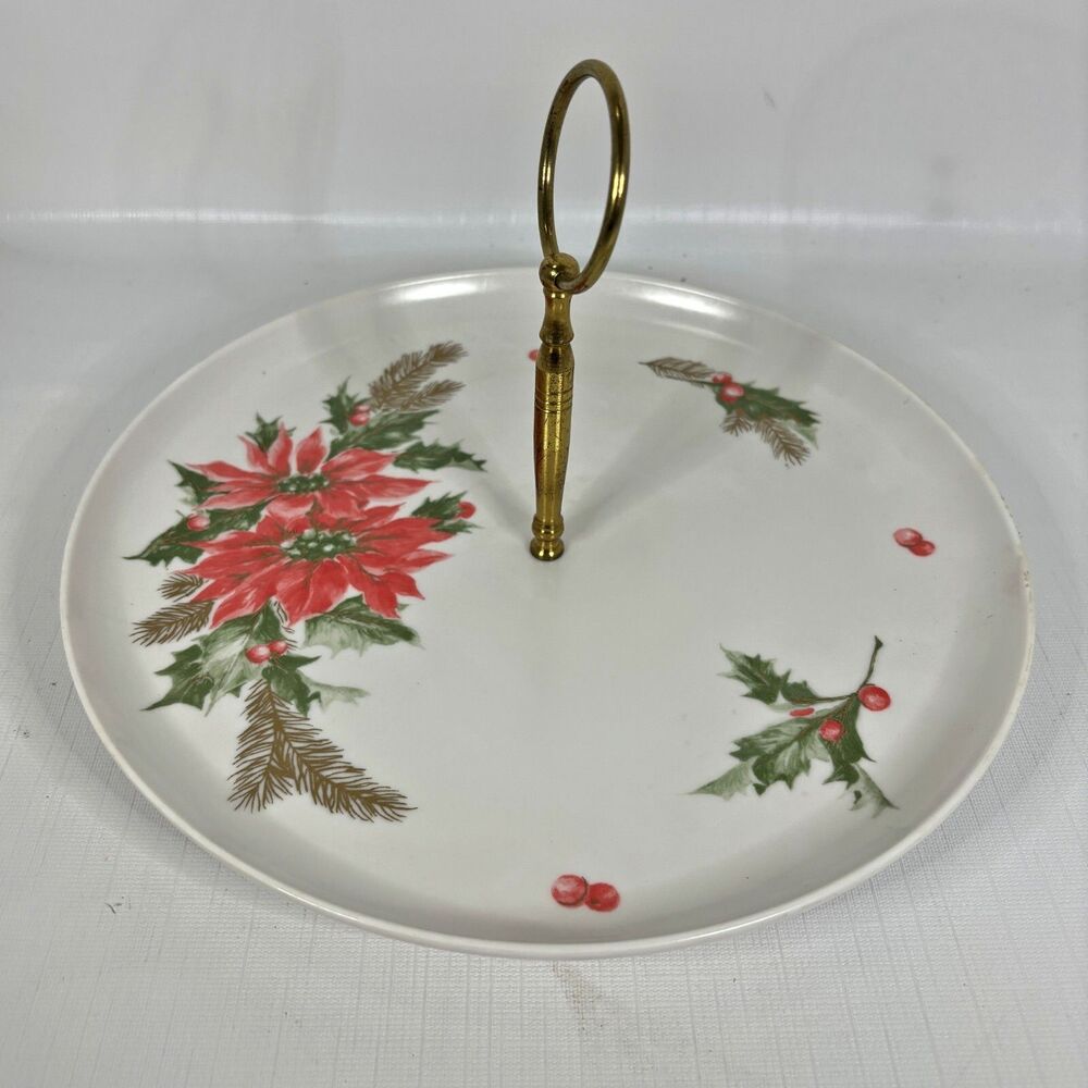 Vintage Christmas Tidbit Tray Florence Melmac Poinsettias Melamine Made USA